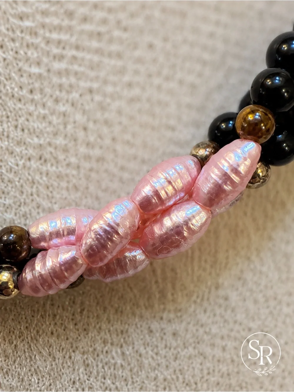 Vintage Glass Bead Torsade Necklace & Bracelet Set Pink Black Gold Multi Strand
